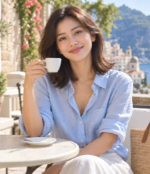 Before enhancement example: a woman holding a cup on a seaside terrace, with blurred facial and clothing details.