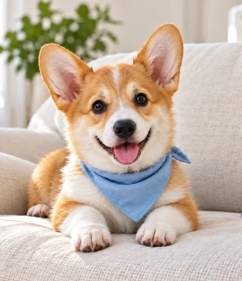 After enhancement example: the same corgi on a sofa, with more defined fur and eyes.