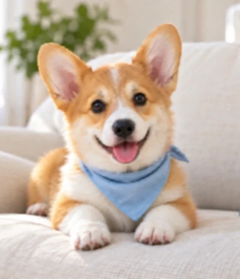 Before enhancement example: a corgi wearing a blue bandana on a sofa, with blurred fur.