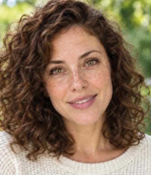 After enhancement example: the same portrait, with more defined eyes, freckles, and curls.