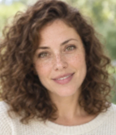 Before enhancement example: a curly-haired woman in a white sweater, with soft facial details.