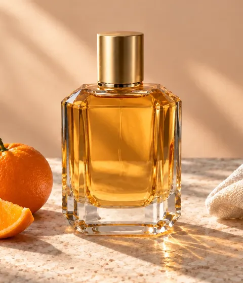 After enhancement example: the same perfume bottle and orange, with sharper glass edges and peel texture.