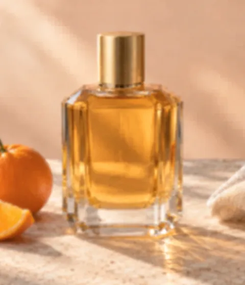 Before enhancement example: a perfume bottle beside an orange, with blurred glass edges.