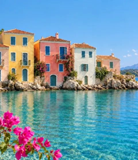 After enhancement example: the same waterfront houses, with clearer roof tiles, windows, and ripples.