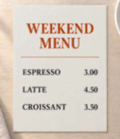 Before enhancement example: a weekend cafe menu, with blurred item names and prices.
