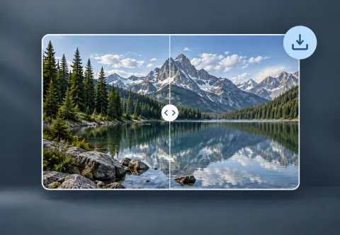 An alpine lake photo card with a central comparison slider and a download arrow at the upper right.