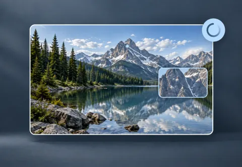 An alpine lake photo card with a processing ring and a magnified inset of rocky mountain details.