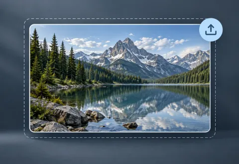 An alpine lake photo card on a blue-gray background, surrounded by a dashed upload frame with an upload arrow at the upper right.