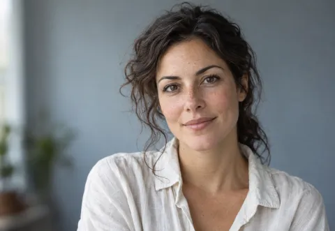 An adult portrait in soft window light, showing clear eyes, freckles, and natural skin texture.