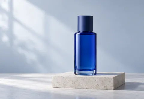 A blue glass skincare bottle on a pale stone plinth, with its cap and base fully visible and space around its edges.