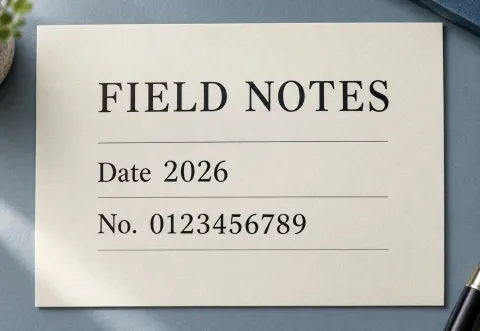 A cream paper page clearly printed with FIELD NOTES, Date 2026, and No. 0123456789, showing letter and number details.